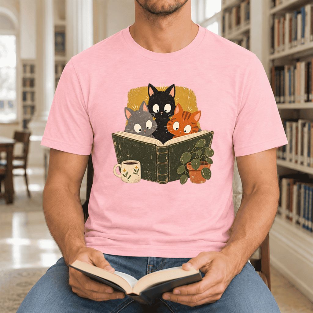 Curious Reading Cats Ultra-Soft Cotton T-Shirt | Cat Lover Reader Gift Pink