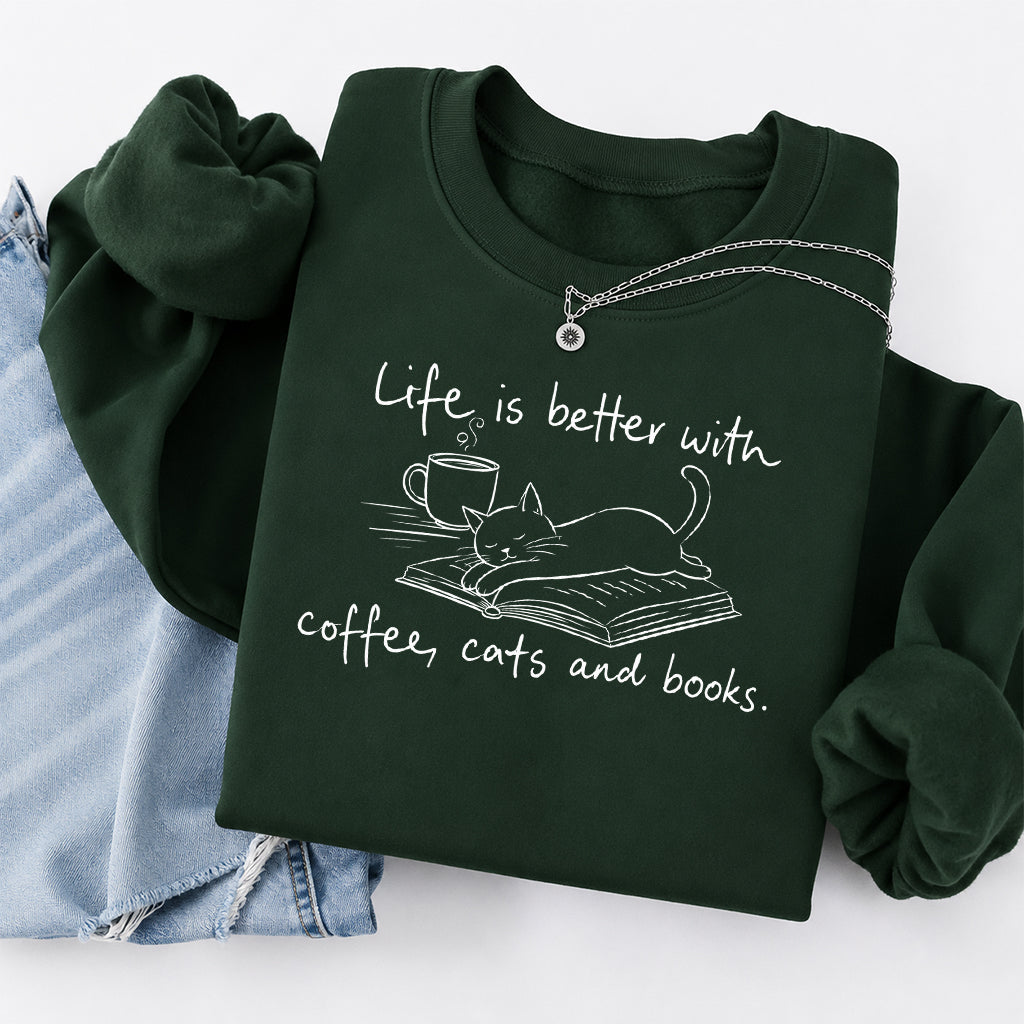 Funny Cats and Books Crewneck Sweatshirt | Reader Gift Forest Green