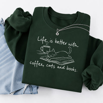 Funny Cats and Books Crewneck Sweatshirt | Reader Gift Forest Green