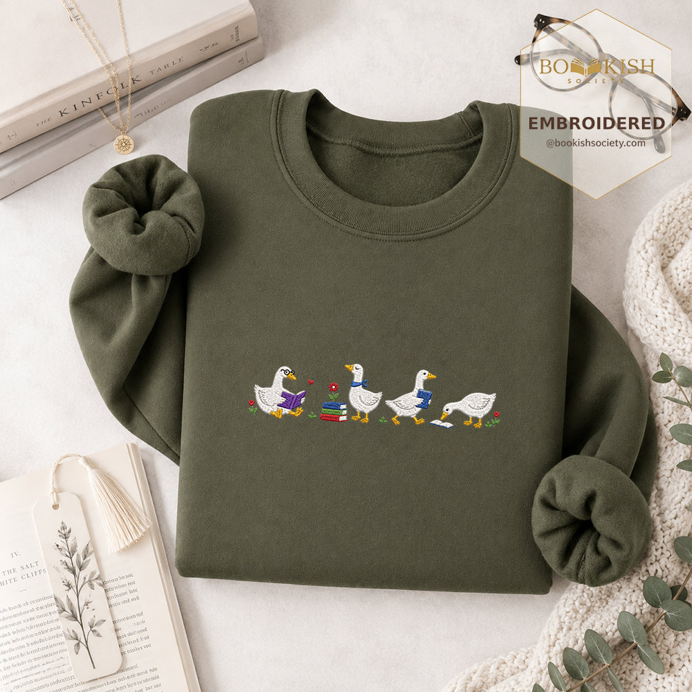 Four Reading Ducks Embroidered Sweatshirt | Reader Gift Military Green