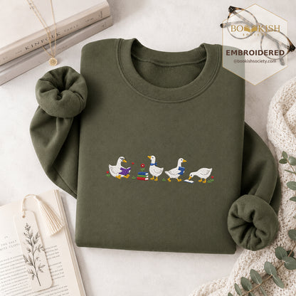 Four Reading Ducks Embroidered Sweatshirt | Reader Gift Military Green