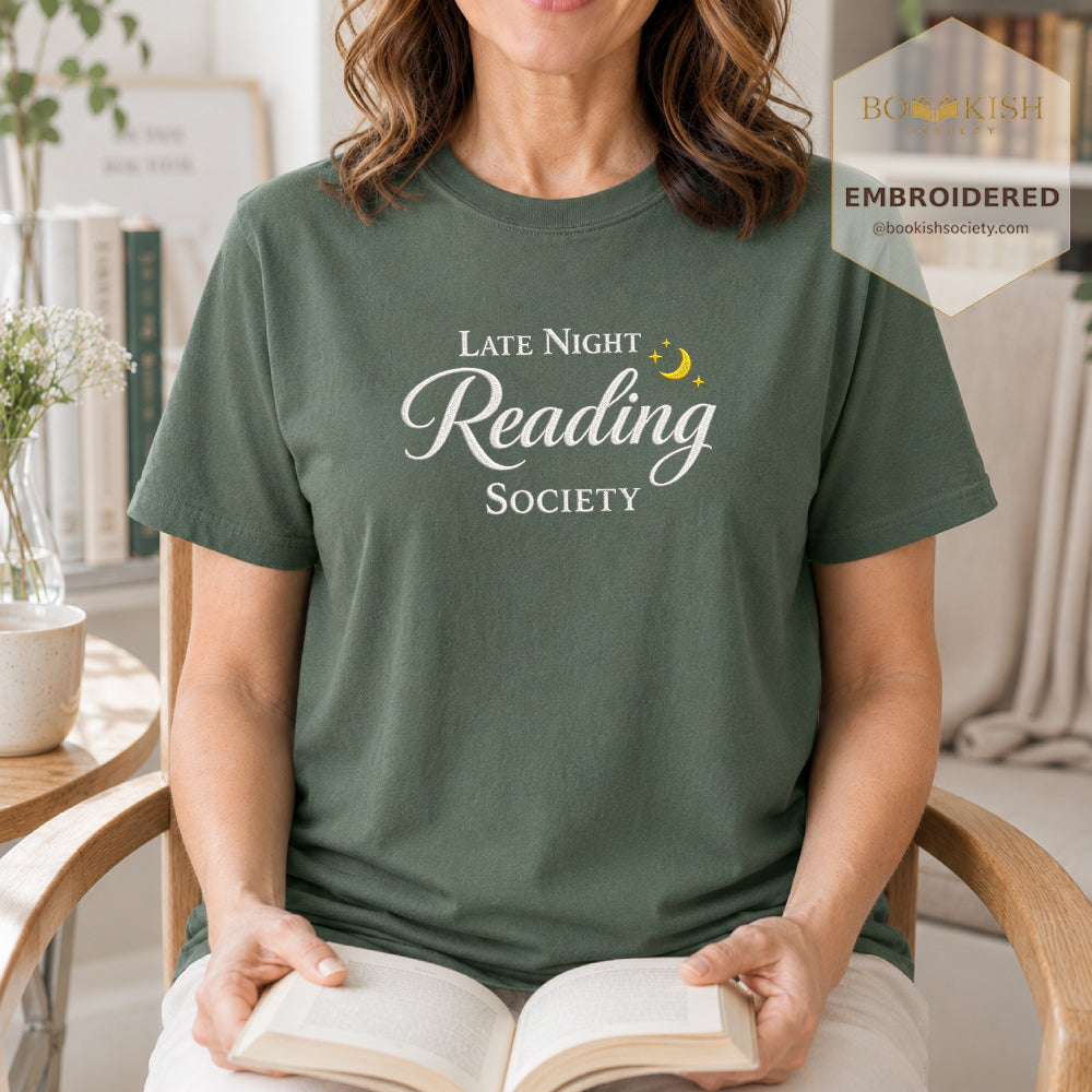 Late Night Reading Society Embroidered Comfort Color® T-shirt | Book Lover Gift Moss