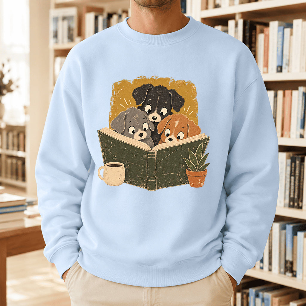 Minimal Japanese Dogs Reading Crewneck Sweatshirt | Reader Gift Light Blue