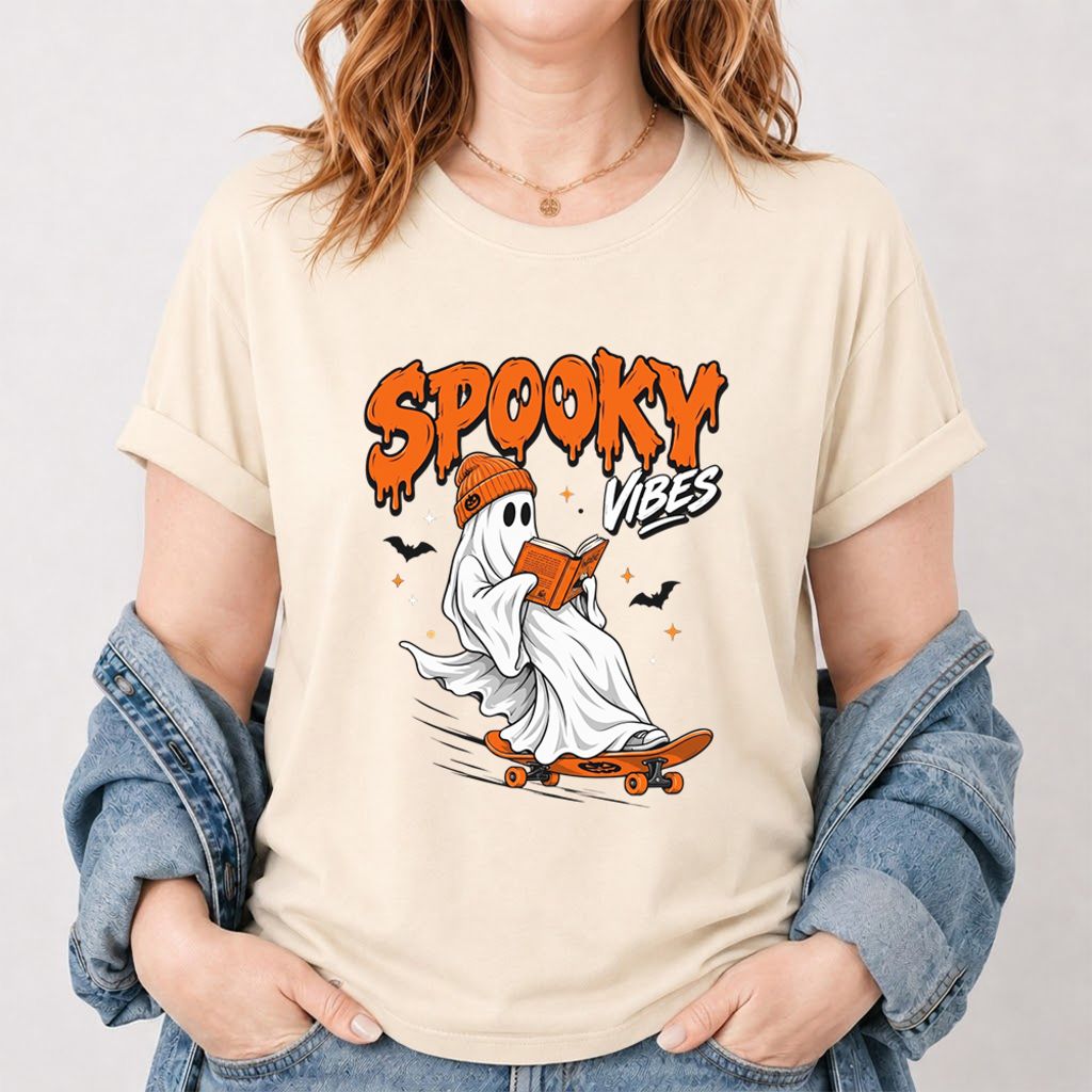 Spooky Vibes Printed T-Shirt | Halloween Book Lover Gift Natural