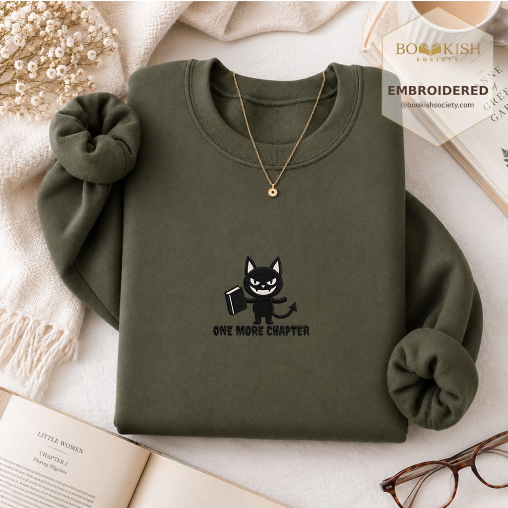 One More Chapter Devil Cat Embroidered Sweatshirt | Halloween Book Lover Gift Military Green
