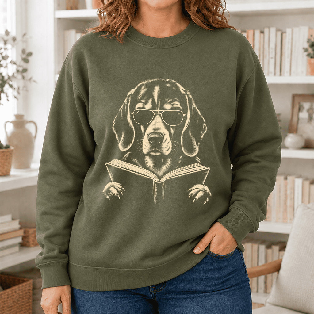 Beagle Reading Book Crewneck Sweatshirt | Reader Gift Military Green