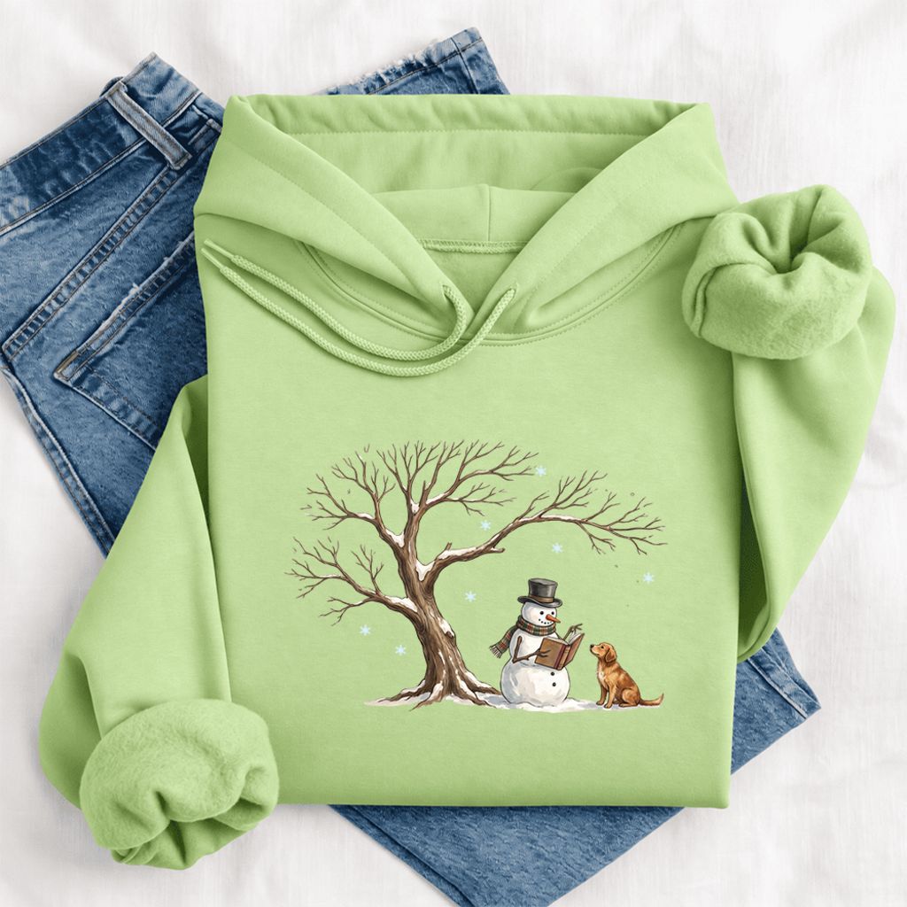 Golden Retriever And Snowman Under Tree Softstyle Hoodie | Christmas Reader Gift Pistachio