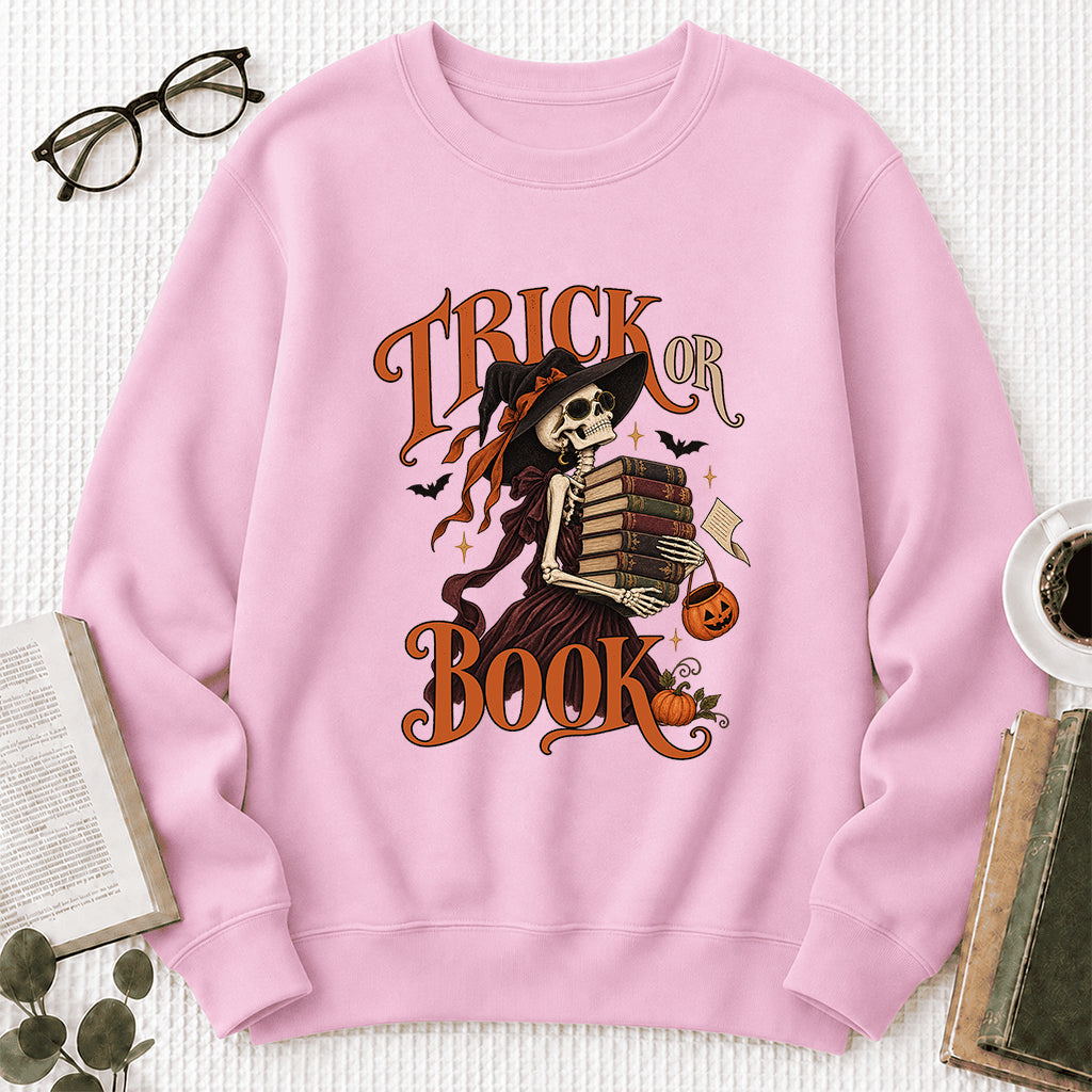 Trick Or Book Printed Sweatshirt | Halloween Book Lover Gift Light Pink