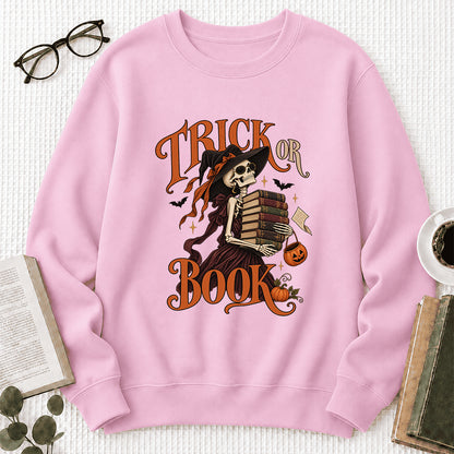 Trick Or Book Printed Sweatshirt | Halloween Book Lover Gift Light Pink