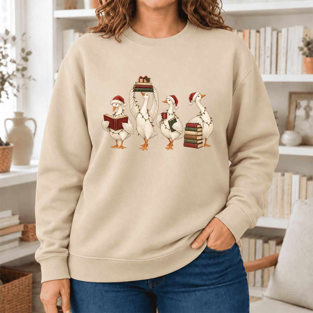 Christmas Reading Ducks Softstyle Sweatshirt | Christmas Book Lover Gift Sand