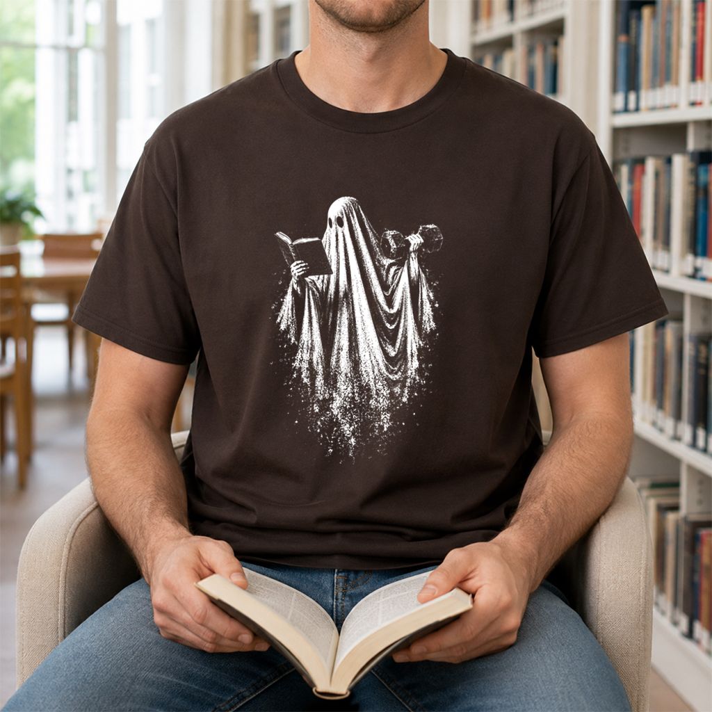 Reading Gym Ghost Printed T-Shirt | Halloween Book Lover Gift Dark Chocolate