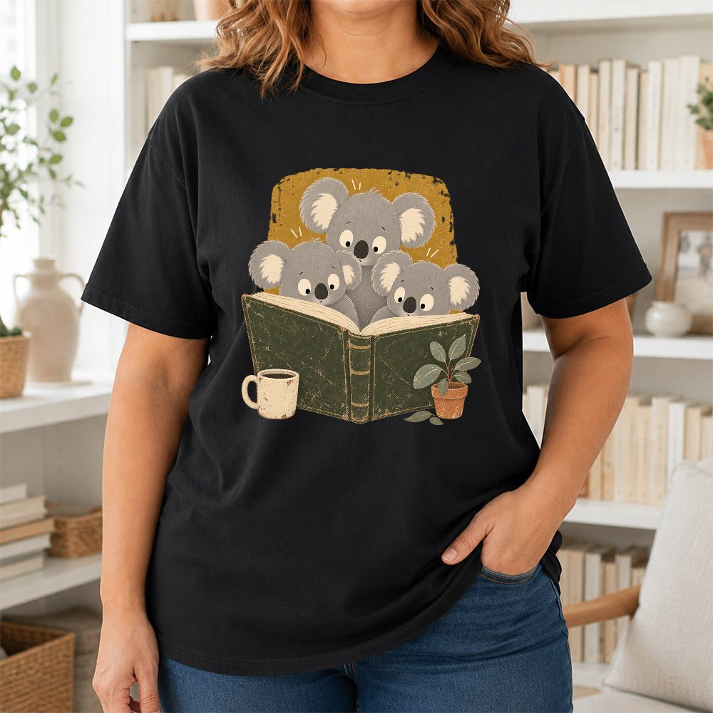 Minimal Japanese Koalas Reading Softstyle T-Shirt | Book Lover Gift Black