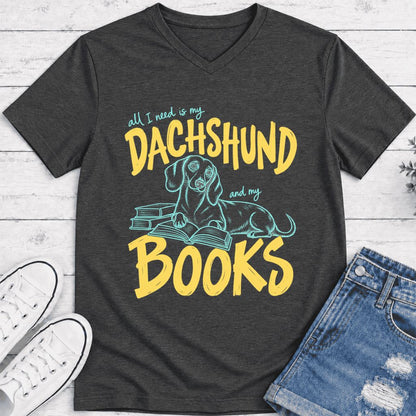 All I Need Is My Dachshund And My Books Ultra-Soft V-Neck | Dog Mom Reader Gift Dark Grey Heather