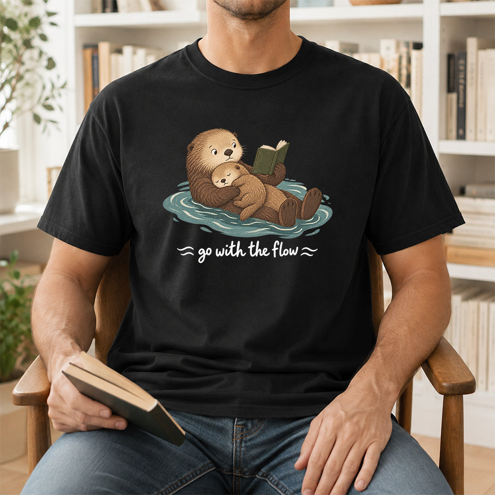 Go With The Flow Otter Reading Softstyle T-Shirt | Book Lover Gift Black