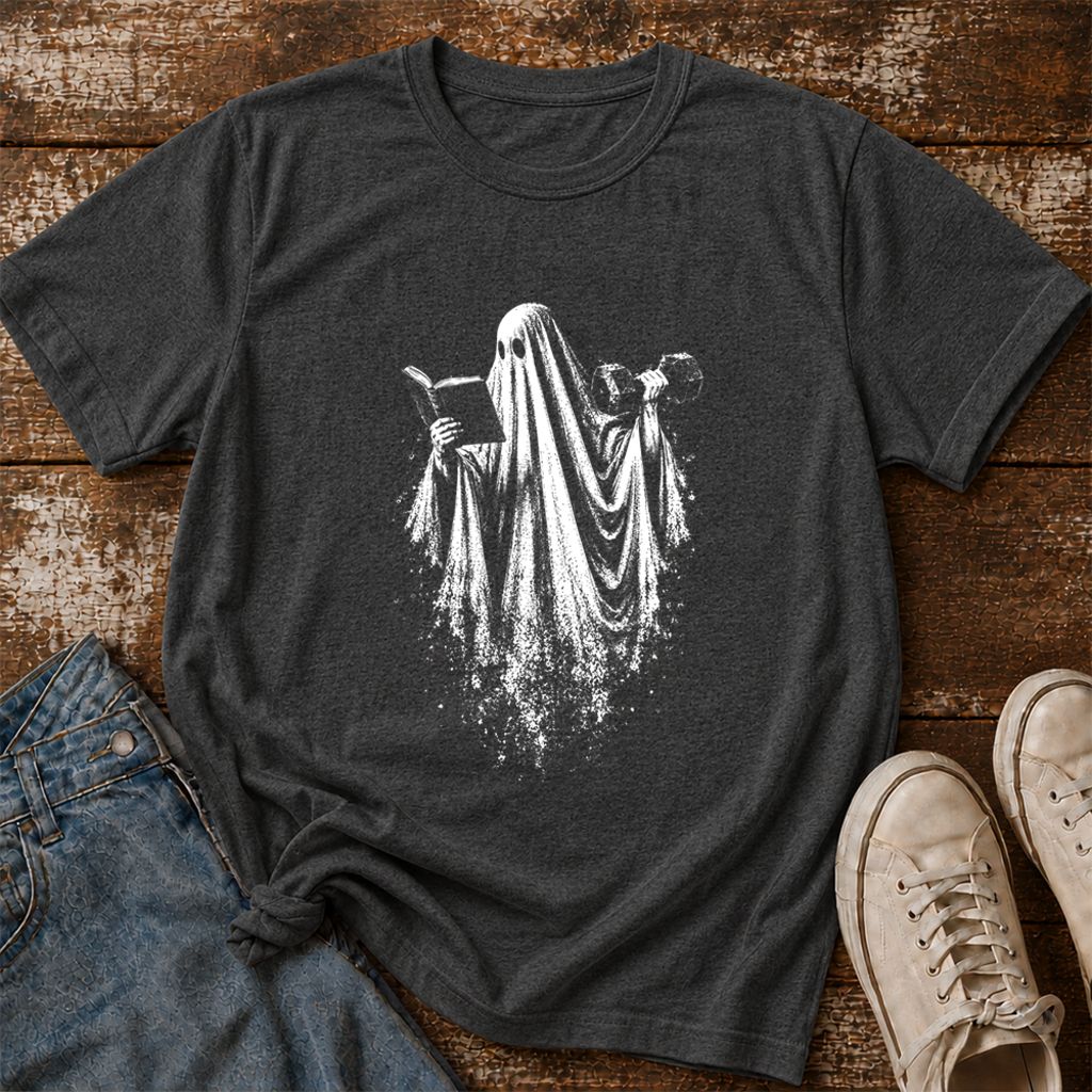 Reading Gym Ghost Printed T-Shirt | Halloween Book Lover Gift Dark Heather