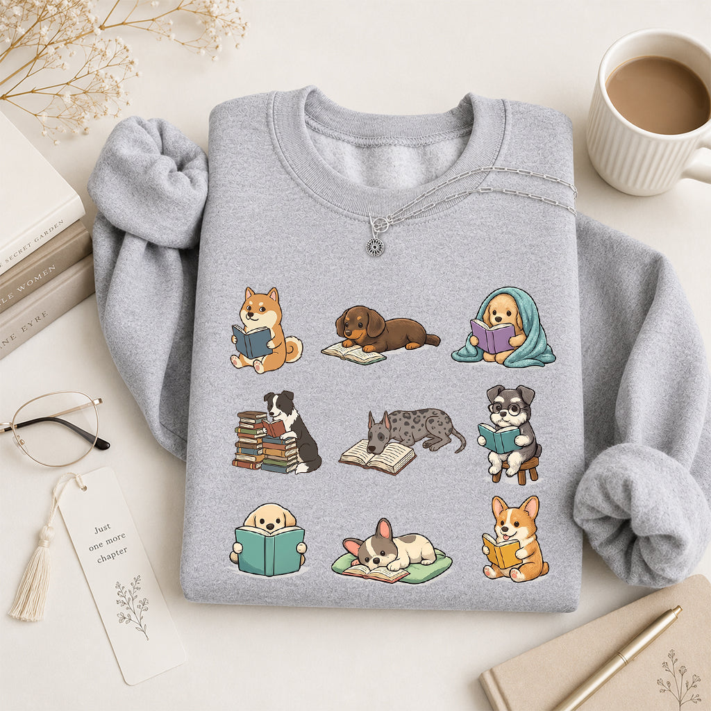 Funny Dogs Reading Crewneck Sweatshirt | Reader Gift Sport Grey
