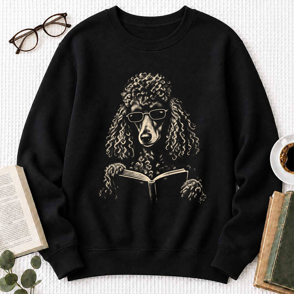 Poodle Reading Book Crewneck Sweatshirt | Reader Gift Black