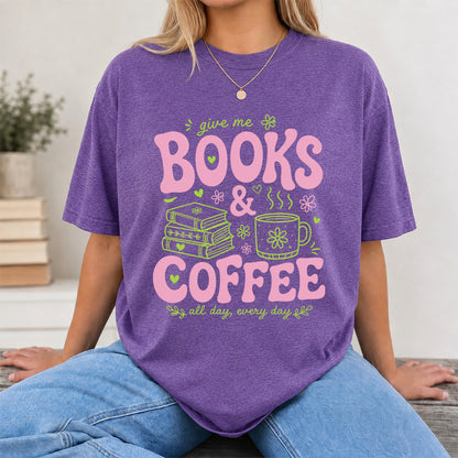 Books and Coffee Softstyle T-Shirt | Book Lover Gift Heather Purple