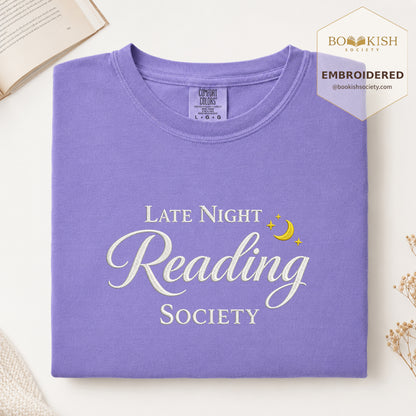 Late Night Reading Society Embroidered Comfort Color® T-shirt | Book Lover Gift Violet