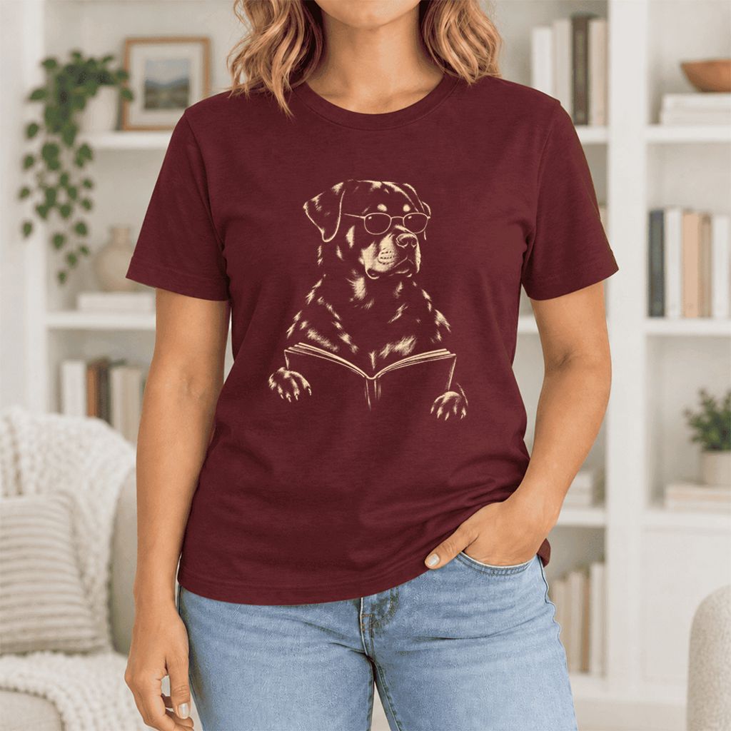 Rottweiler Reading Book Ultra-Soft Cotton T-Shirt | Dog Mom Reader Gift Maroon