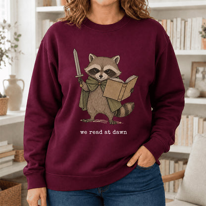 Raccoon We Read At Dawn Crewneck Sweatshirt | Reader Gift Maroon