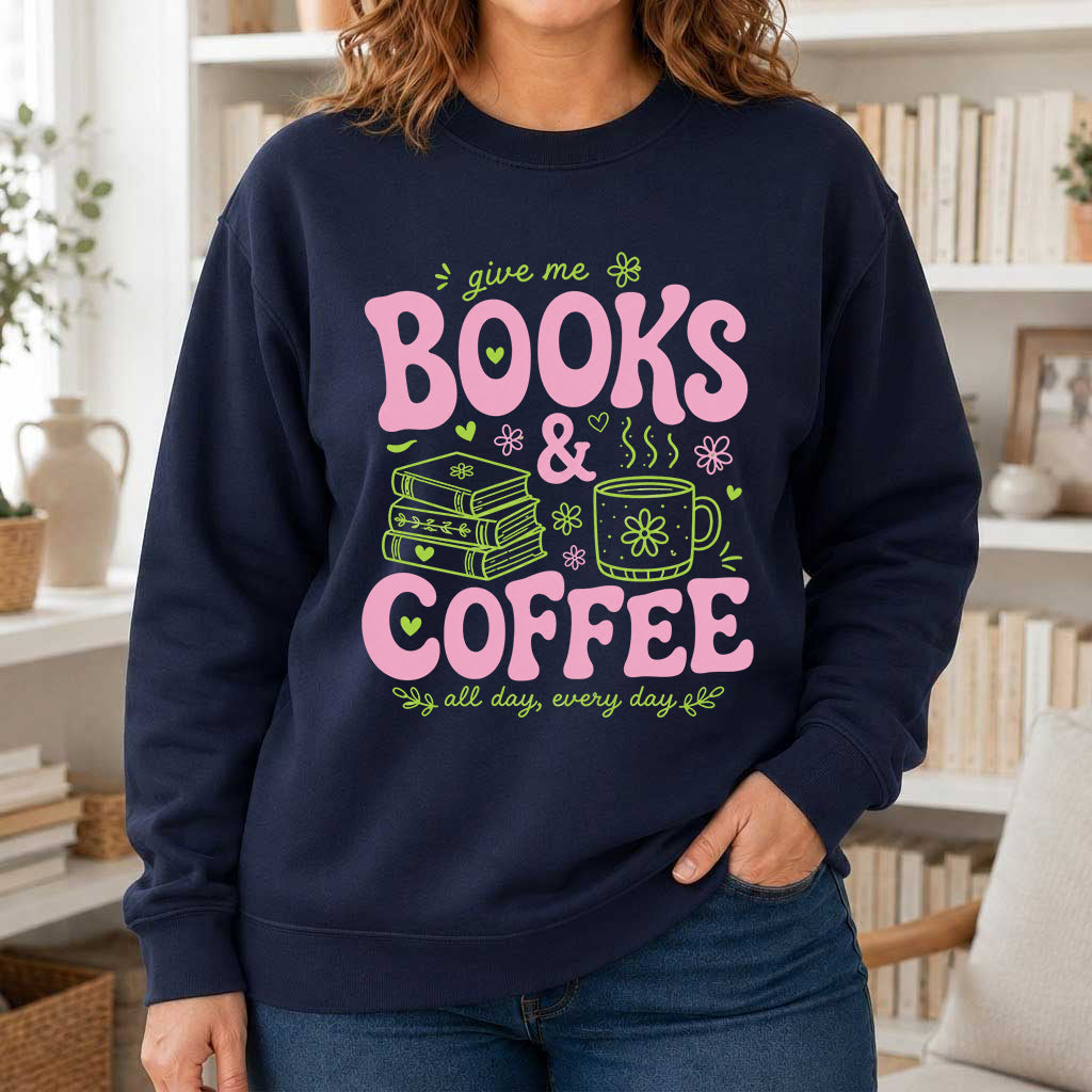 Books and Coffee Crewneck Sweatshirt | Reader Gift Navy