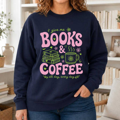 Books and Coffee Crewneck Sweatshirt | Reader Gift Navy