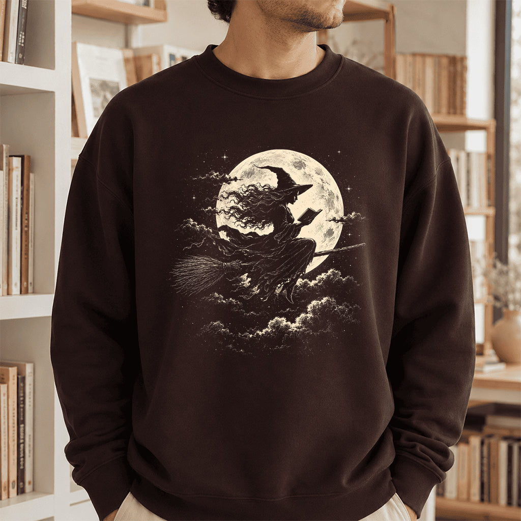 Reading Witch On The Flying Broom Printed Sweatshirt | Halloween Reader Gift Dark Chocolate