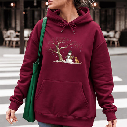 Golden Retriever And Snowman Under Tree Softstyle Hoodie | Christmas Reader Gift Maroon