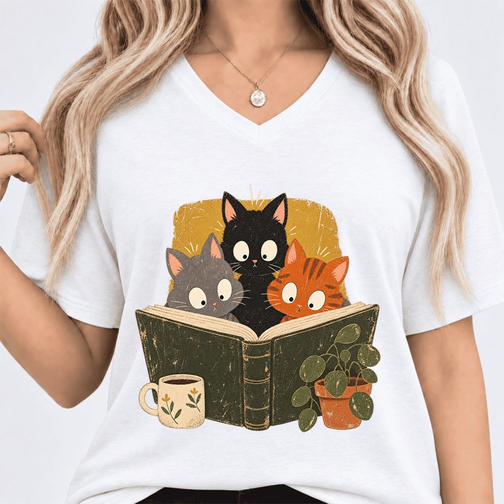 Curious Reading Cats Ultra-Soft V-Neck | Cat Lover Reader Gift White