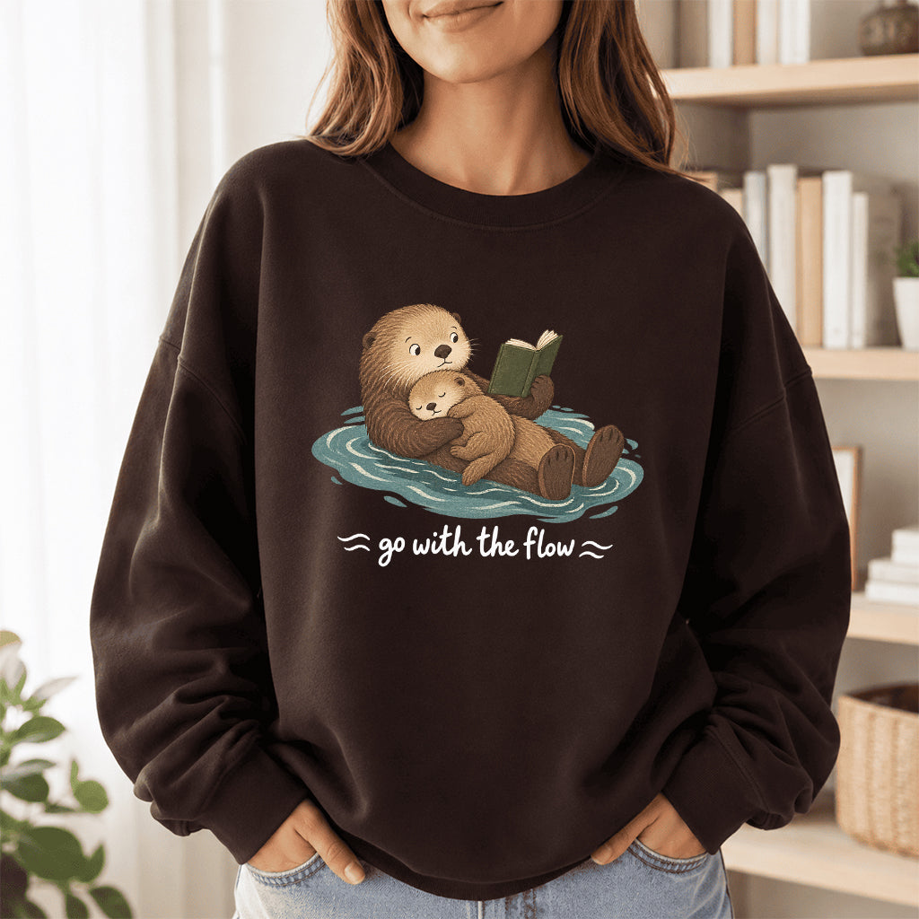 Go With The Flow Otter Reading Crewneck Sweatshirt | Reader Gift Dark Chocolate