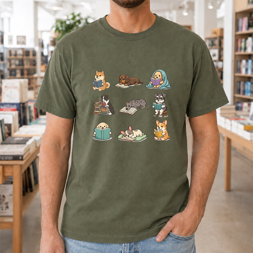 Funny Dogs Reading Softstyle T-Shirt | Book Lover Gift Military Green