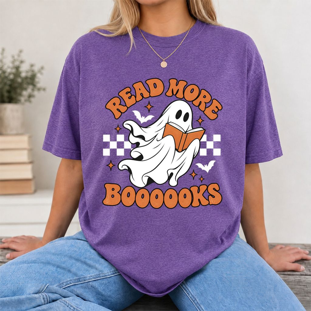 Read More Books Flying Ghost Printed T-Shirt | Halloween Book Lover Gift Heather Purple