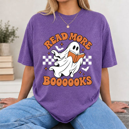 Read More Books Flying Ghost Printed T-Shirt | Halloween Book Lover Gift Heather Purple