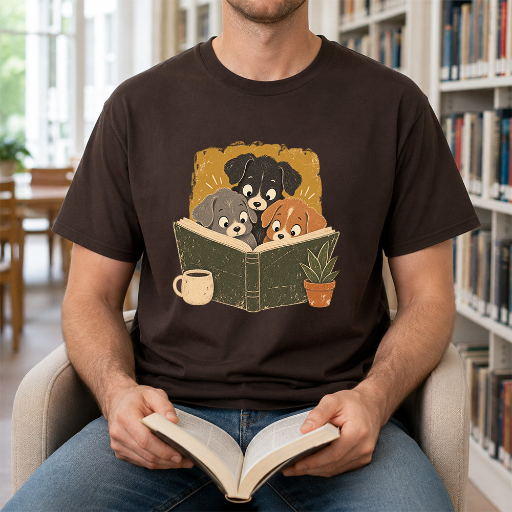 Minimal Japanese Dogs Reading Softstyle T-Shirt | Book Lover Gift Dark Chocolate