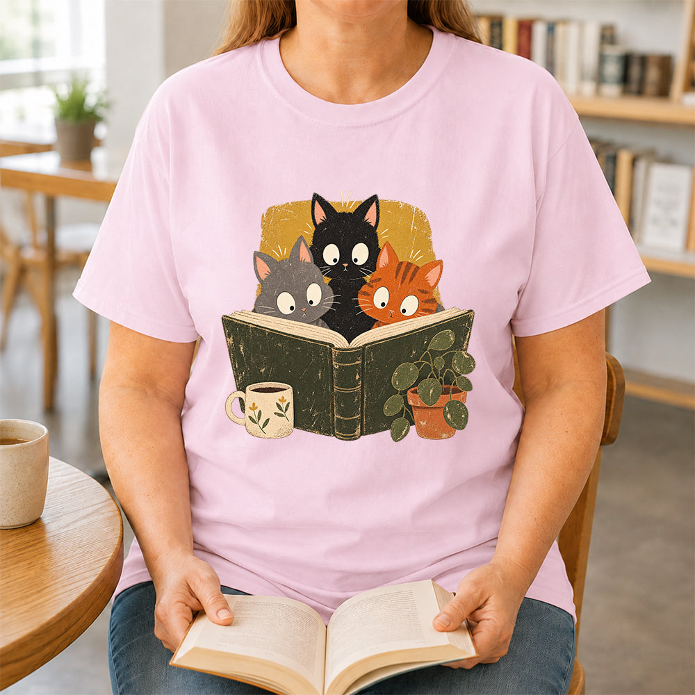 Minimal Japanese Cats Reading Softstyle T-Shirt | Book Lover Gift Light Pink