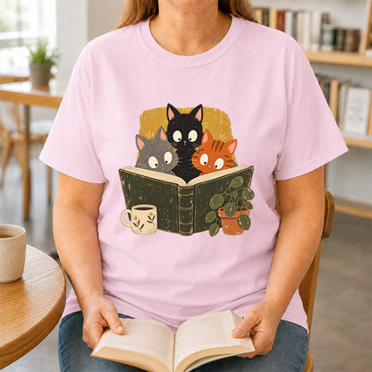 Minimal Japanese Cats Reading Softstyle T-Shirt | Book Lover Gift Light Pink