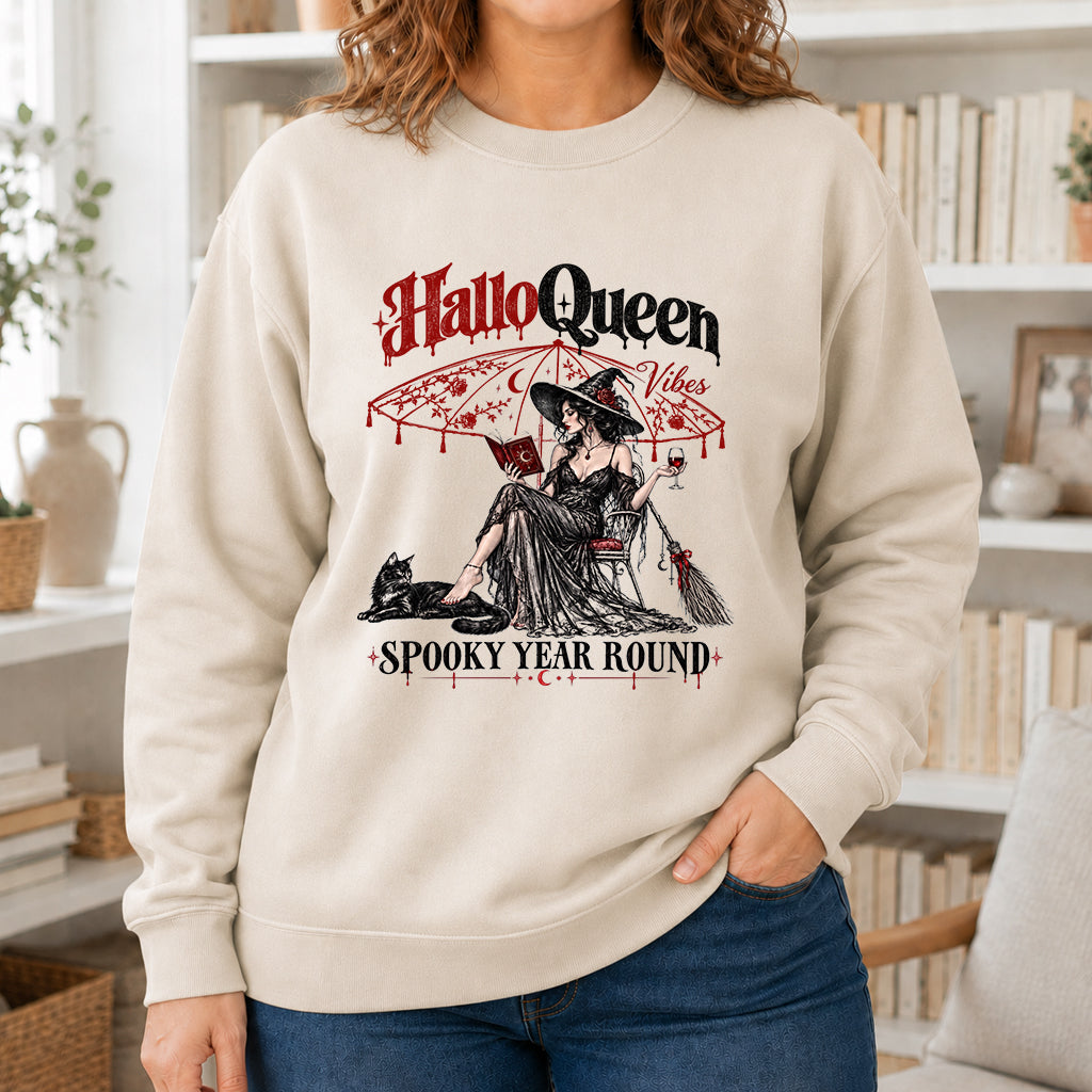 Halloqueen Spooky Year Round Printed Sweatshirt | Spooky Book Lover Gift Sand