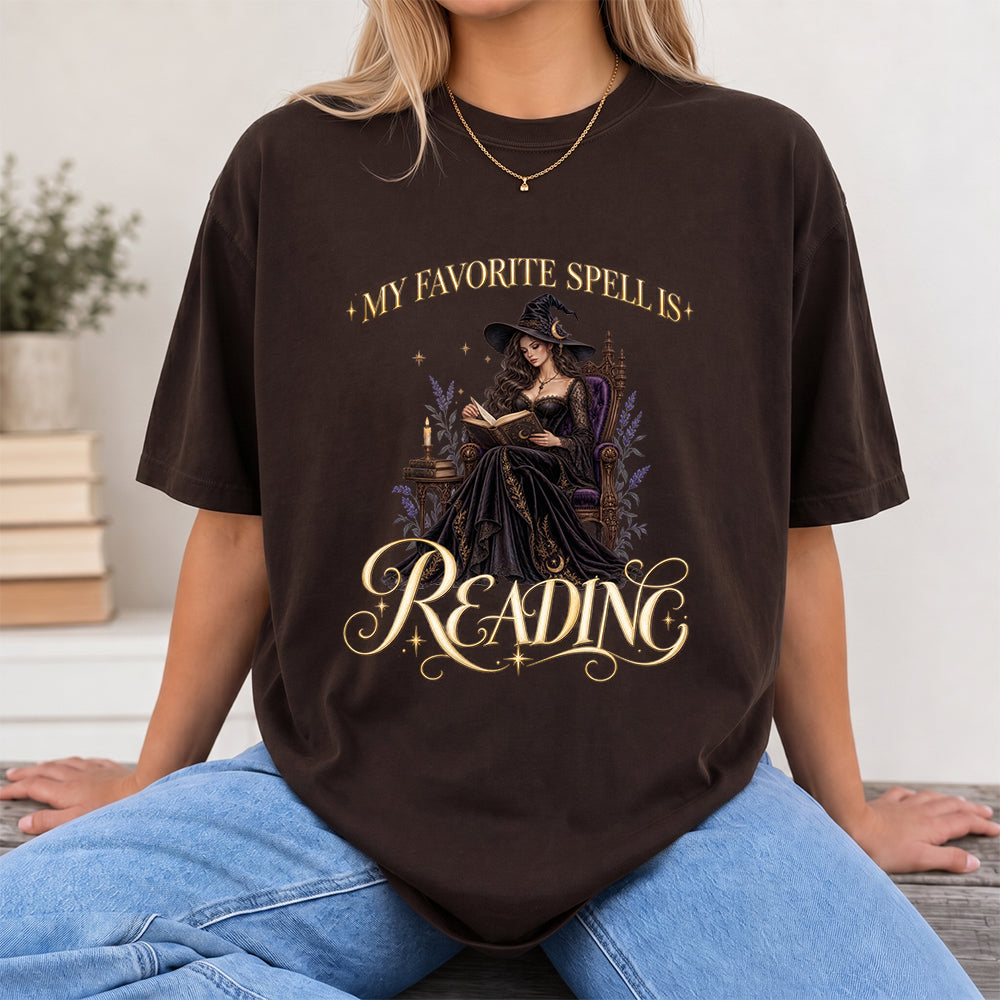 My Favorite Spell Is Reading Printed T-Shirt | Halloween Fantasy Book Lover Gift Dark Chocolate