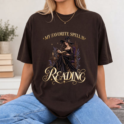 My Favorite Spell Is Reading Printed T-Shirt | Halloween Fantasy Book Lover Gift Dark Chocolate