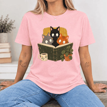 Curious Reading Cats Ultra-Soft Cotton T-Shirt | Cat Lover Reader Gift Pink