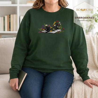 Cat and Book Embroidered Sweatshirt | Reader Gift Forest Green