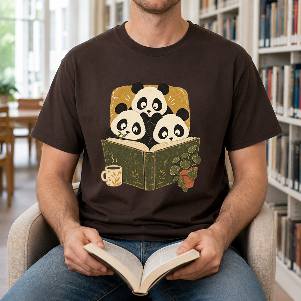 Minimal Japanese Pandas Reading Softstyle T-Shirt | Book Lover Gift Dark Chocolate