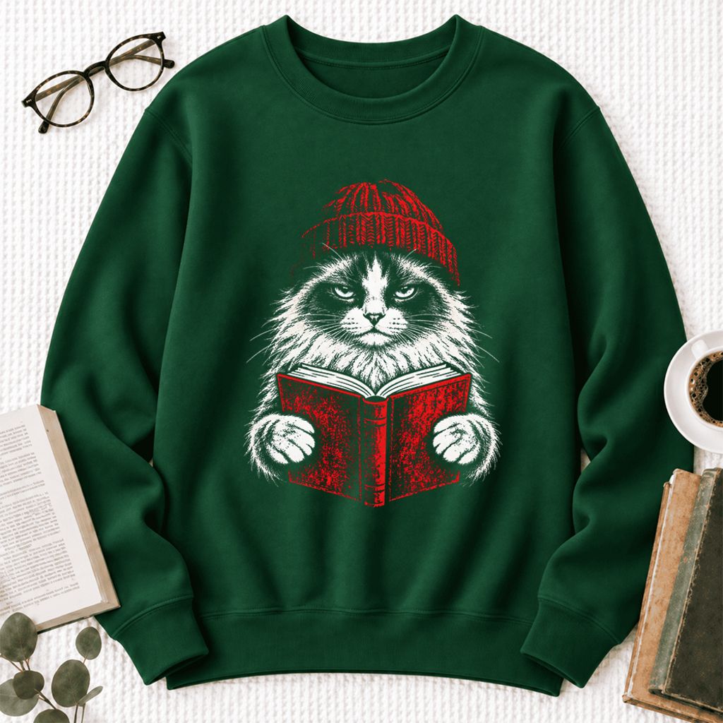 Vintage Reading Cat Ragdoll Softstyle Sweatshirt | Christmas Reader Gift Forest Green