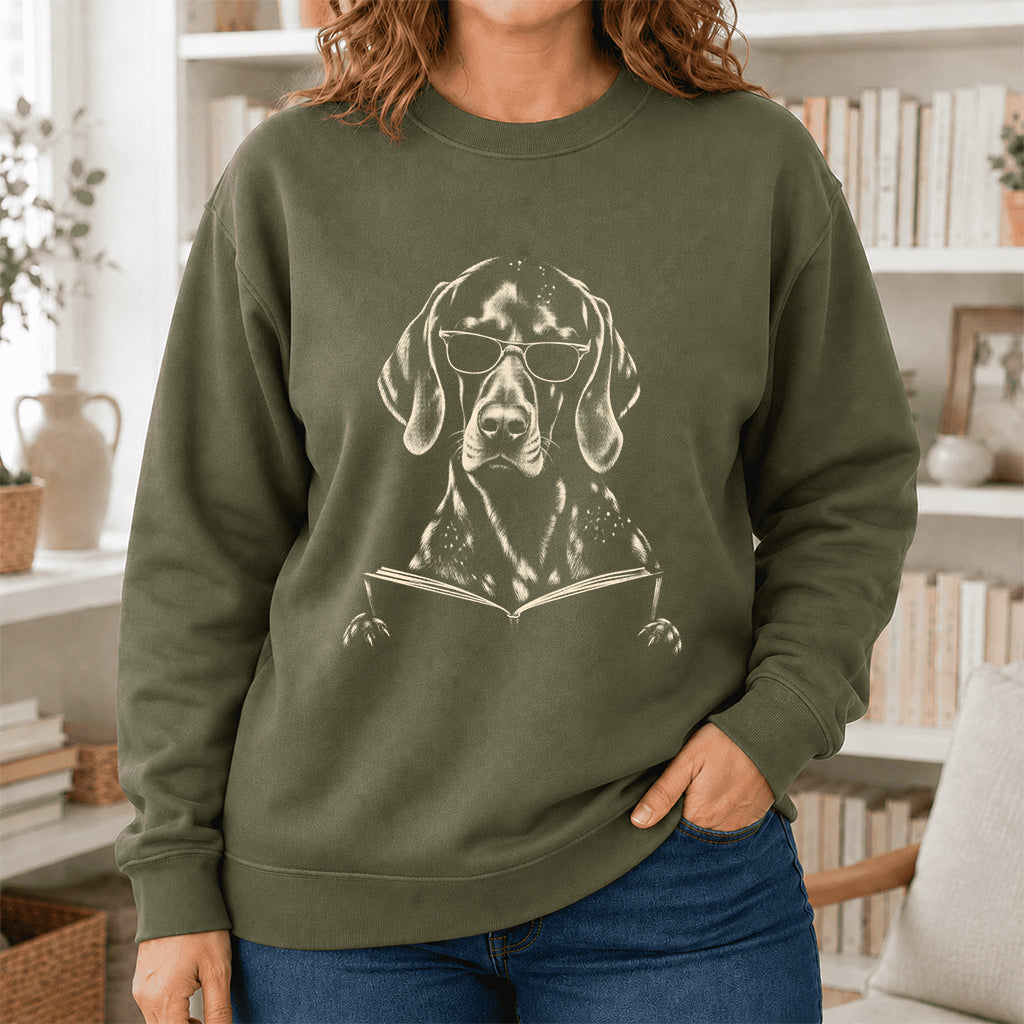 German Shorthaired Pointer Reading Book Crewneck Sweatshirt | Reader Gift Military Green