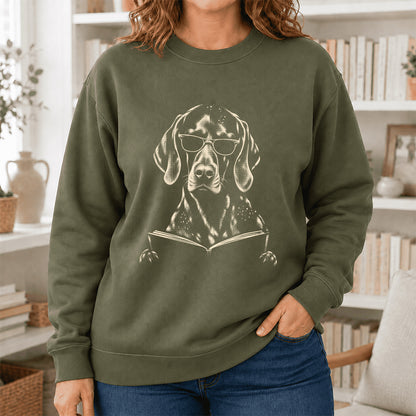 German Shorthaired Pointer Reading Book Crewneck Sweatshirt | Reader Gift Military Green