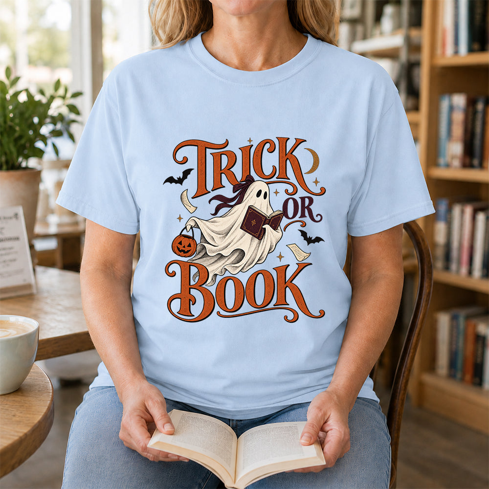 Trick Or Book Ghost Printed T-Shirt | Halloween Book Lover Gift Light Blue