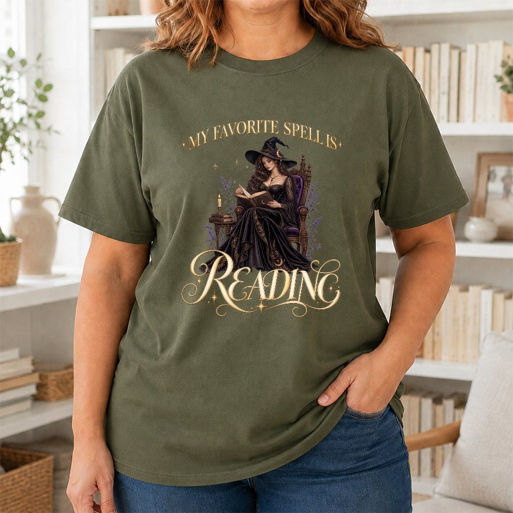 My Favorite Spell Is Reading Printed T-Shirt | Halloween Fantasy Book Lover Gift Military Green