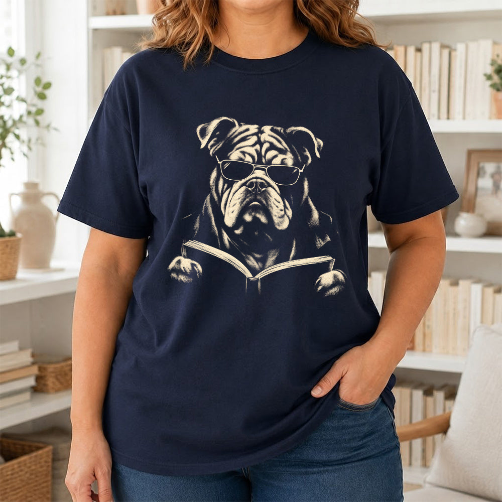 Bulldog Reading Book Softstyle T-Shirt | Book Lover Gift Navy