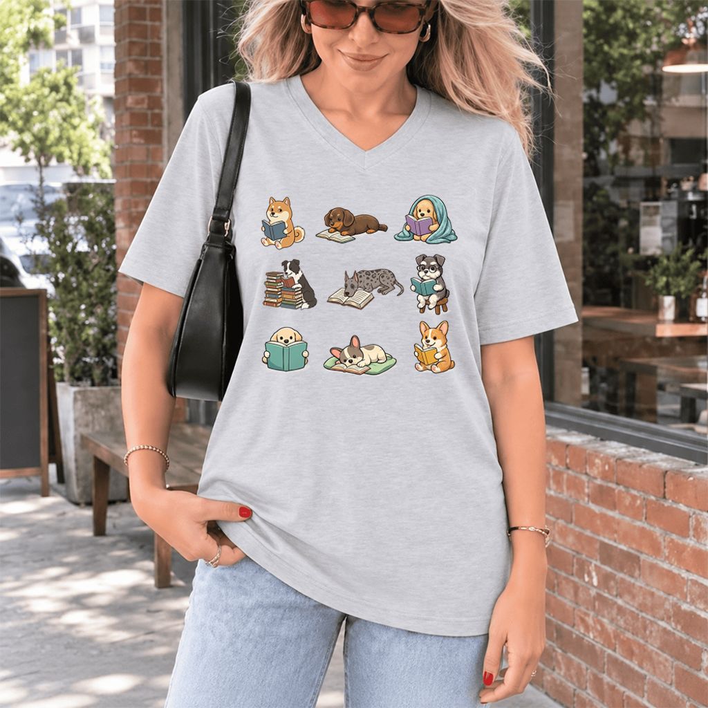 Funny Reading Dogs Ultra-Soft V-Neck | Dog Mom Reader Gift Ash